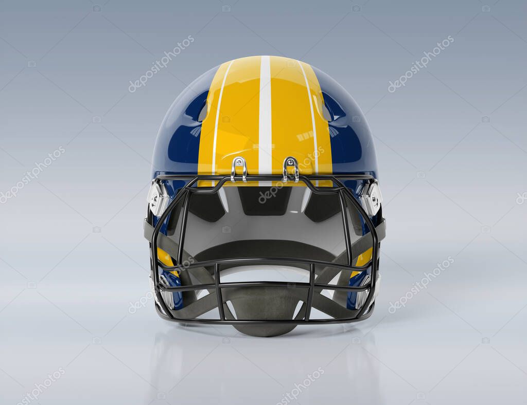 Blue and yellow American football helmet isolated on grey background mockup 3D rendering