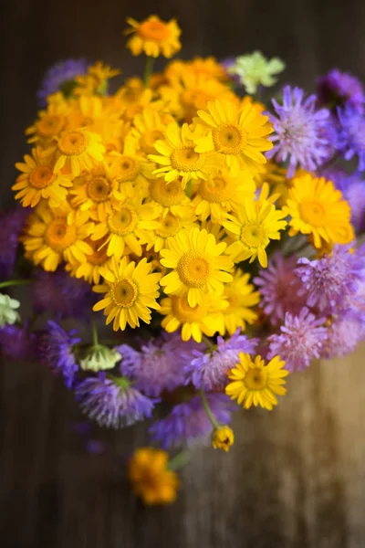 Buquê Flores Silvestres Anthemis Tinctoria Knautia Arvensis Fundo Madeira Escura — Fotografia de Stock