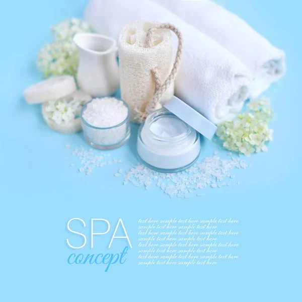 Spa Composition Cream Salt Towel Flowers Blue Background — Stock Photo, Image