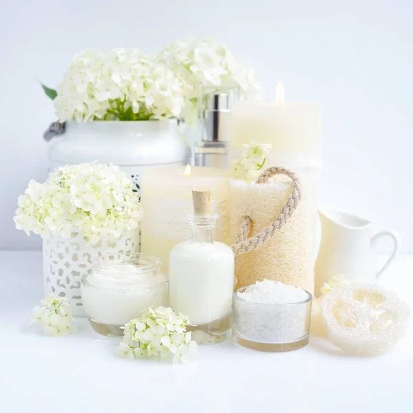 Spa Composition Candles Cream Salt Flowers Hydrangea White Background — Stock Photo, Image