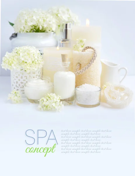 Spa Composition Candles Cream Salt Flowers Hydrangea White Background — Stock Photo, Image