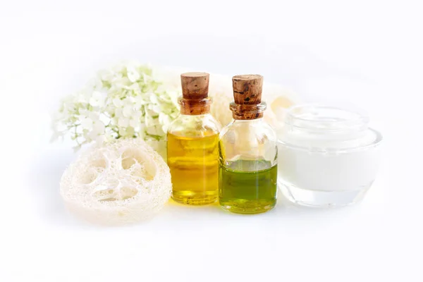Spa Composition Aroma Oils Cream Flowers Hydrangea White Background — Stock Photo, Image
