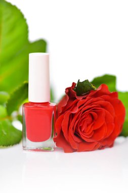 Beyaz zemin üzerine kırmızı gül desenli kırmızı oje