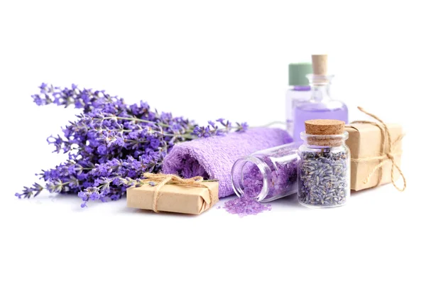 Spa Composition Flowers Lavender Salt Bottle Essential Oil White Background — Stock Photo, Image