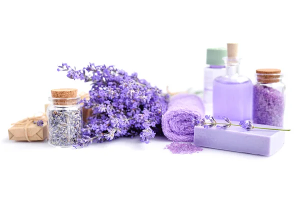 Spa Composition Flowers Lavender Cream Salt Soap White Background — Stock Photo, Image