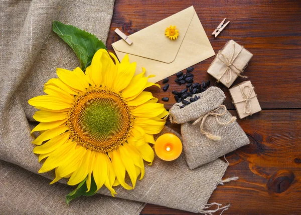 Schöne Komposition Mit Sonnenblumen Und Samen Auf Holzgrund — Stockfoto