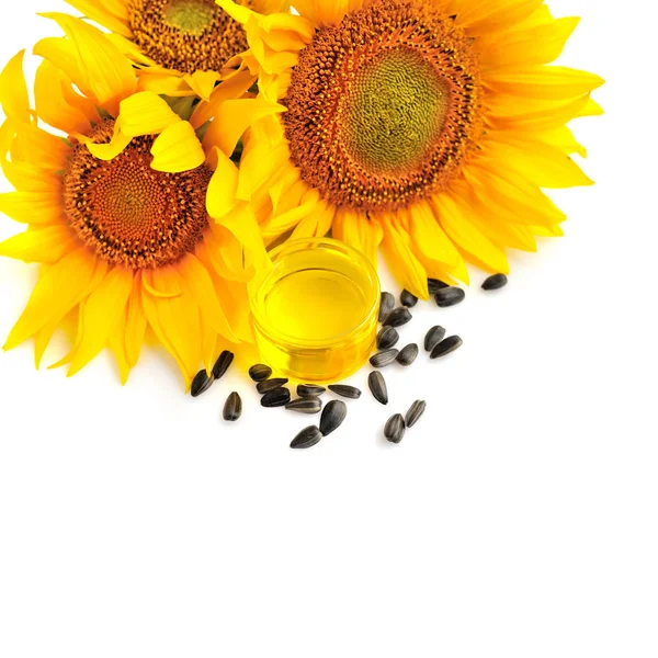 Aceite Girasol Con Flores Por Semilla Sobre Fondo Blanco —  Fotos de Stock