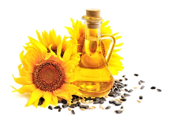 Ayçiçek yağı ile çiçek ve tohum beyaz arka plan üzerinde tarafından
