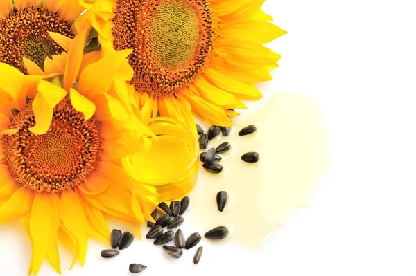 Aceite Girasol Con Flores Por Semilla Sobre Fondo Blanco — Foto de Stock