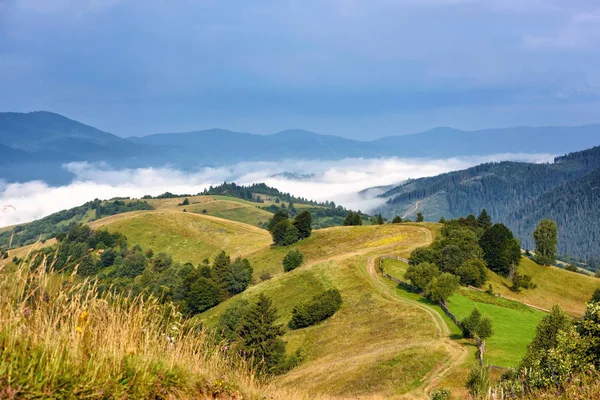 Bela Paisagem Montanhosa Rural Com Nevoeiro Vale Cárpatos Ucrânia Europa — Fotografia de Stock