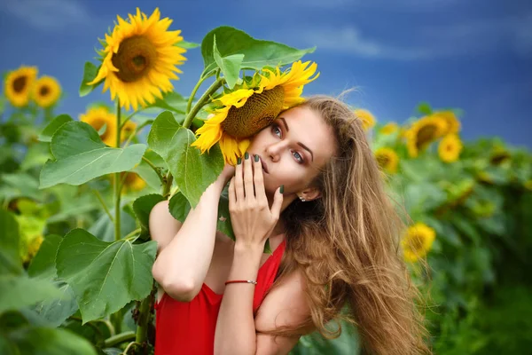 Portret Van Mooi Meisje Veld Met Zonnebloemen — Stockfoto