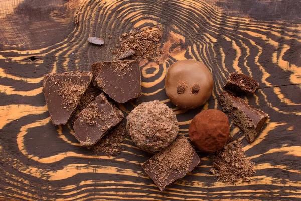Bonbons Chocolat Faits Main Morceaux Chocolat Sur Fond Bois Top — Photo