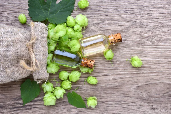 新鲜绿色啤酒花 在粗麻布袋子与药用植物提取物在玻璃瓶在木背景 — 图库照片