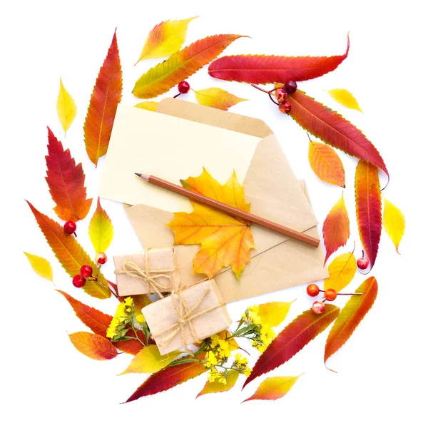 Autumn Background Pencil Envelopes Colorful Leaves Top View Space Your — Stock Photo, Image