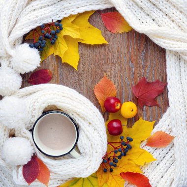 Sonbahar kompozisyon. Bir fincan kahve, renkli yaprakları ve eşarp ahşap arka plan üzerinde. Üstten görünüm.