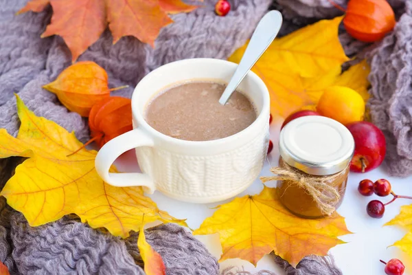 秋の組成物 秋の葉 コーヒー チョコレート ペースト瓶と白い背景の上のスカーフ — ストック写真