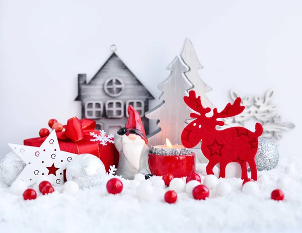 Composição Natal Com Uma Vela Alce Decorações Férias Neve Cartão — Fotografia de Stock