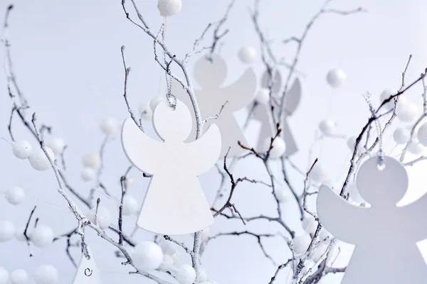 Beyaz Noel Meleklerle Dalları Festival Arka Plan — Stok fotoğraf