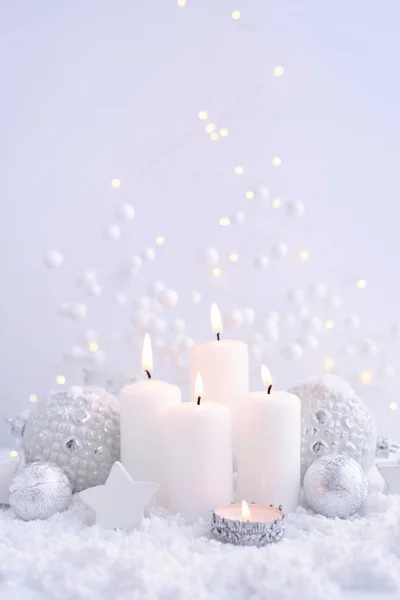 Velas Navidad Nieve Luces Navidad Fondo Navideño Festivo — Foto de Stock