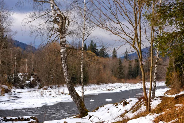 Bellissimo Paesaggio Invernale Con Fiume Montagna — Foto Stock