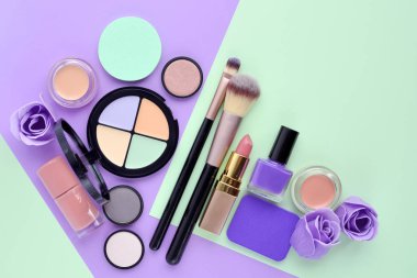 Makyaj fırça ve renk arka plan üzerinde Dekoratif kozmetik