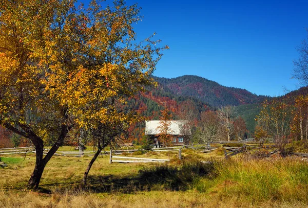 Bellissimo paesaggio con vecchia capanna in legno nelle montagne dei Carpazi — Foto Stock