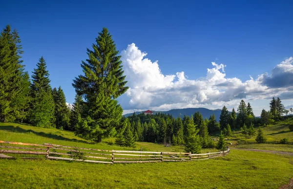 Sommarlandskap Berg Och Blå Himmel Med Moln Karpaterna Ukraina Europa — Stockfoto