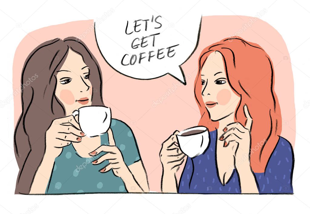 Character illustration with best girl friends, coffee, coffee party, girls coffee, coffee cup, lifestyle