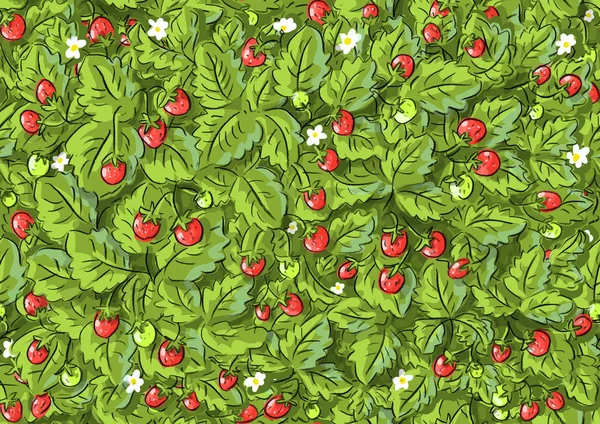 Nahtloses Muster Mit Erdbeere Walderdbeere Blättern Und Blüten — Stockvektor