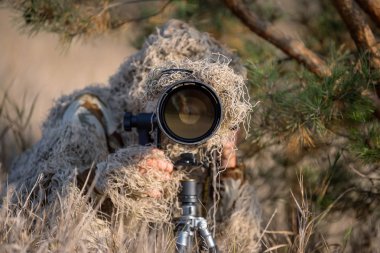 vahşi yaşam fotoğrafçısı doğada çalışma ghillie takım elbise kamuflaj