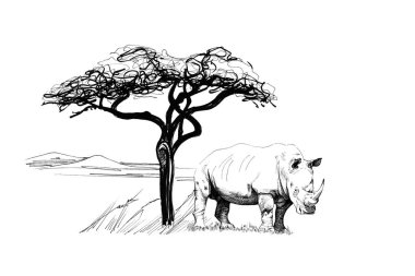 Afrika ağaç yakınındaki gergedan. Elle çizilmiş şekil. Elle çizilmiş resimler (aslı, hiçbir izleme koleksiyonu)