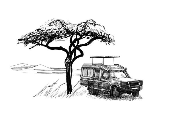 Game drive near a tree in africa. Hand drawn illustration. Collection of hand drawn illustrations (originals, no tracing)