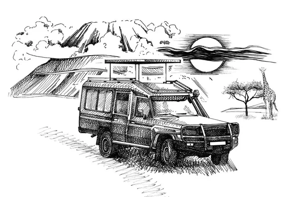 Αυτοκίνητο Παιχνίδι Στο Όρος Φόντο Καμηλοπάρδαλη Εικονογράφηση Χέρι Συλλογή Από — Φωτογραφία Αρχείου
