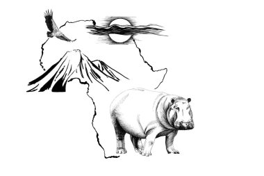 Kilimanjaro dağ, vultur ile Afrika harita arka plan üzerinde Su aygırı