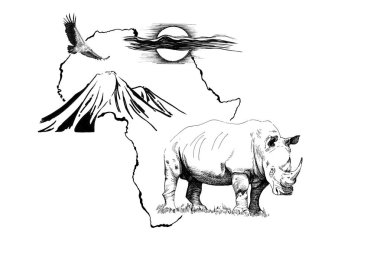 Kilimanjaro dağ, vultur ile Afrika harita arka plan üzerinde Gergedan