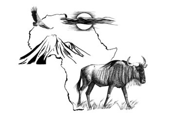 Kilimanjaro dağ, v ile Afrika harita arka plan üzerinde Wildebeest