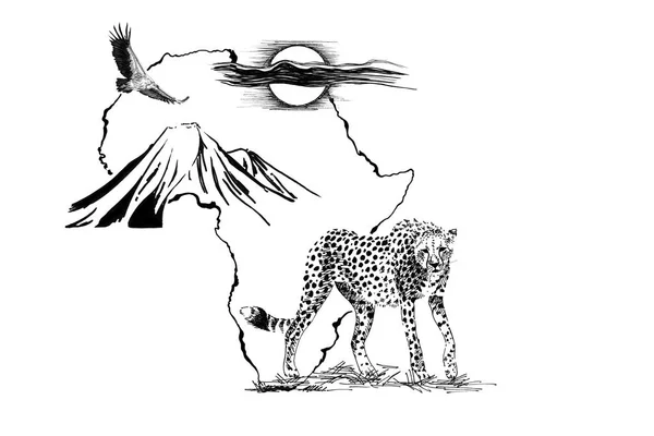 キリマンジャロ山、ヴァルトとアフリカの地図の背景上のチーター — ストック写真