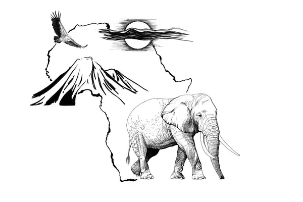Elephant on Africa map background with Kilimanjaro mountain, vul — Stock Photo, Image