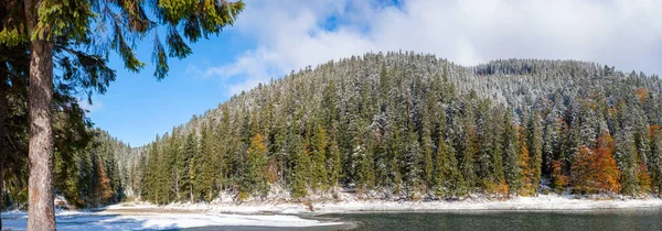 The first snow on a lake in a mountain forest — Stock Photo, Image