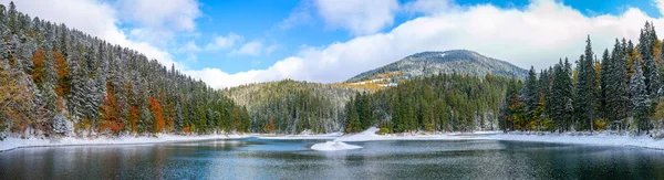 A primeira neve em um lago em uma floresta de montanha — Fotografia de Stock