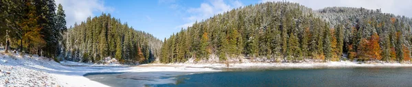 A primeira neve em um lago em uma floresta de montanha — Fotografia de Stock