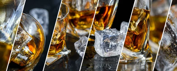 ガラスのウイスキーや他のアルコールとコラージュ 暗い上のキューブ氷 — ストック写真