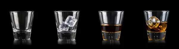 黒を基調としたアルコール飲料用の4杯セット 空の氷のキューブとクリーンで — ストック写真