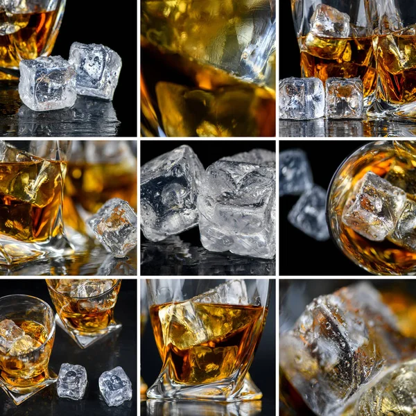 Collage Glasses Whiskey Other Alcohol Cubes Ice Dark — Stock Photo, Image