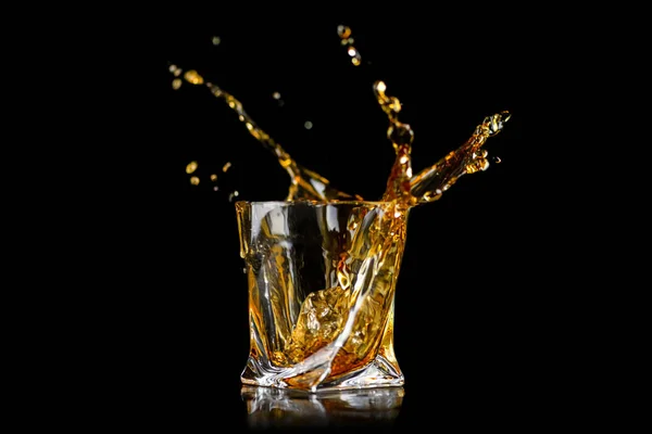 Glass Splashing Whiskey Other Alcohol Ice Cube Isolated Black Background — Stock Photo, Image