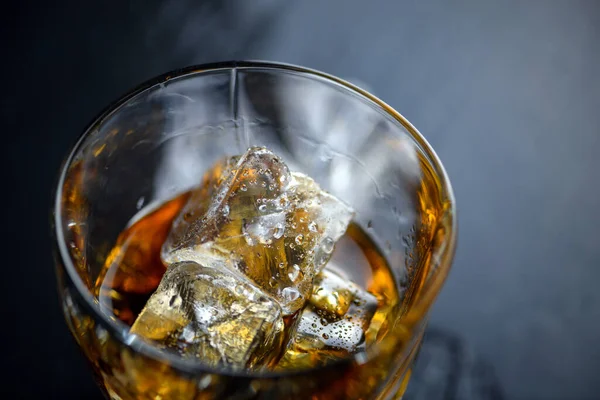 Glass Whiskey Other Alcohol Cube Ice Black Background — Stock Photo, Image