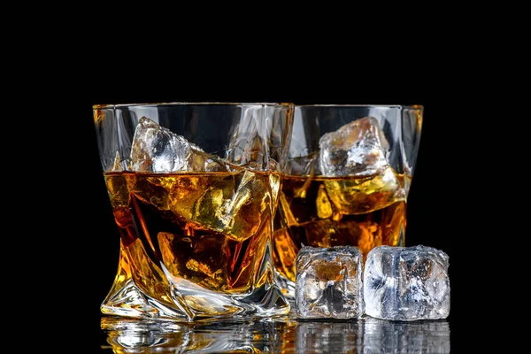 Glass Whiskey Other Alcohol Cube Ice Black Background — Stock Photo, Image