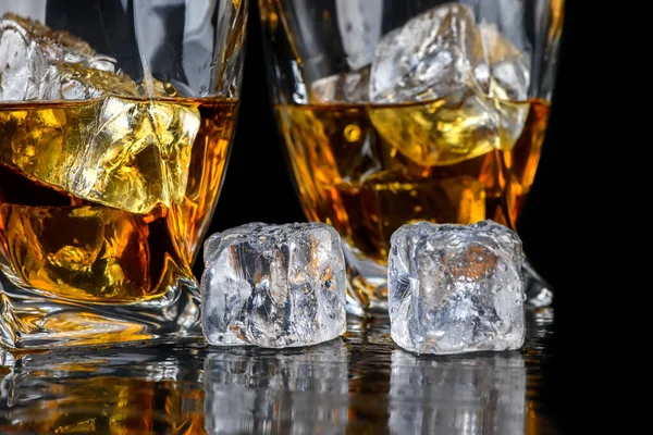 Glass Whiskey Other Alcohol Cube Ice Black Background — Stock Photo, Image