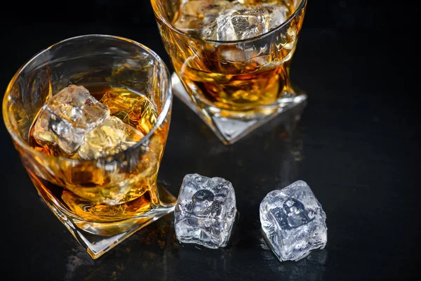 Glass Whiskey Other Alcohol Cube Ice Black Background — Stock Photo, Image