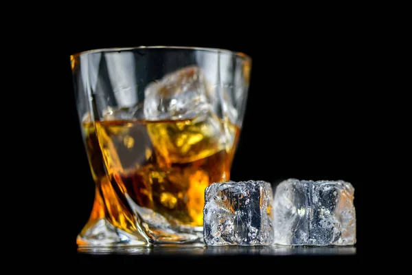 Glass Whiskey Other Alcohol Cube Ice Black Background — Stock Photo, Image